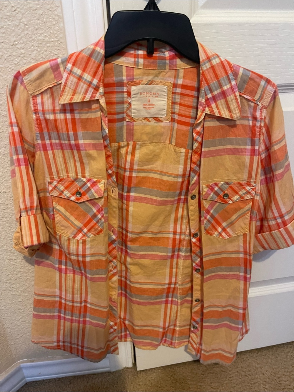 Sonoma Orange and Pink Plaid Short-Sleeve Button-Down Shirt